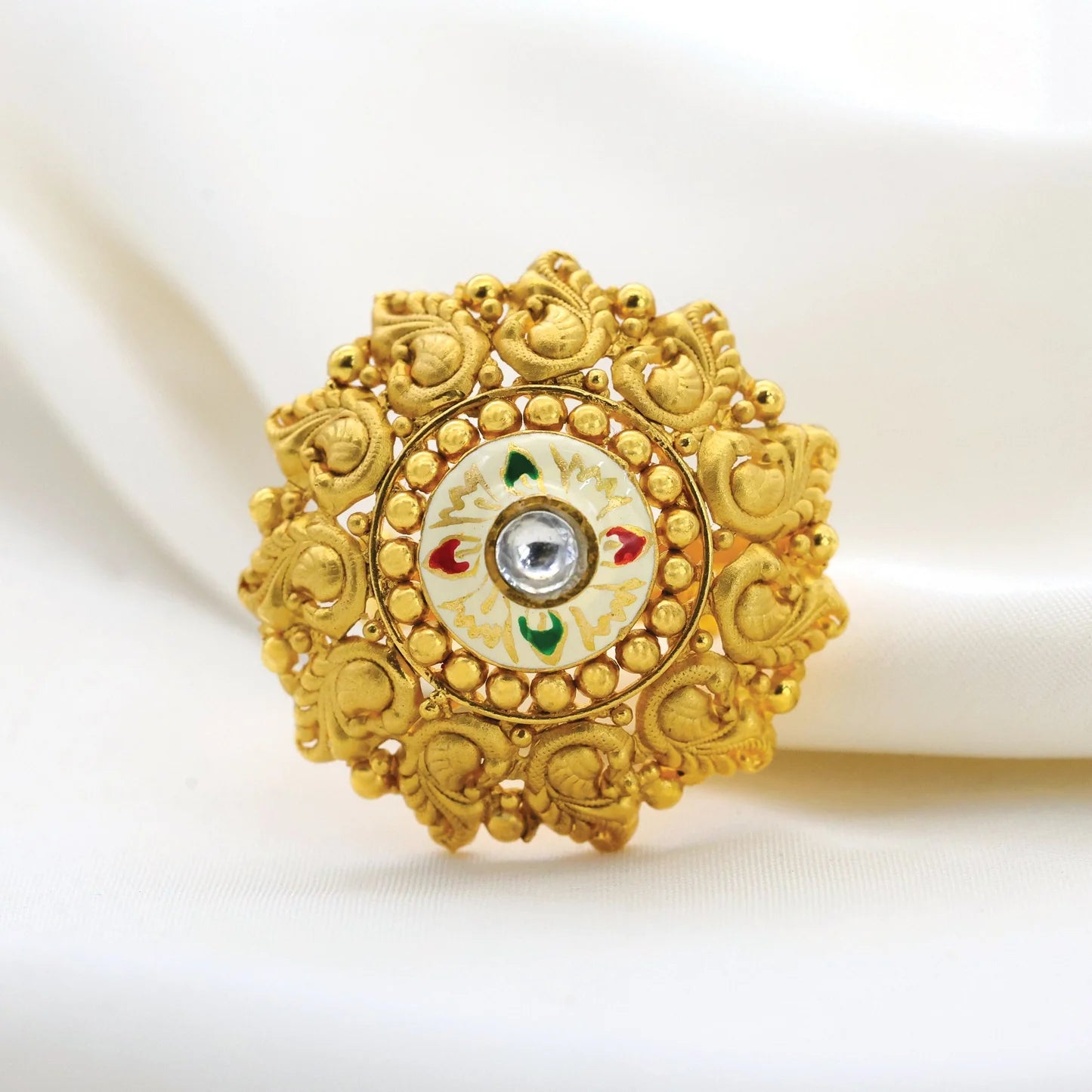 24kt Gold Plated Cocktail Unique Design With White Stone & Meena Work Adjustable Ladies Ring - Handa Bangles