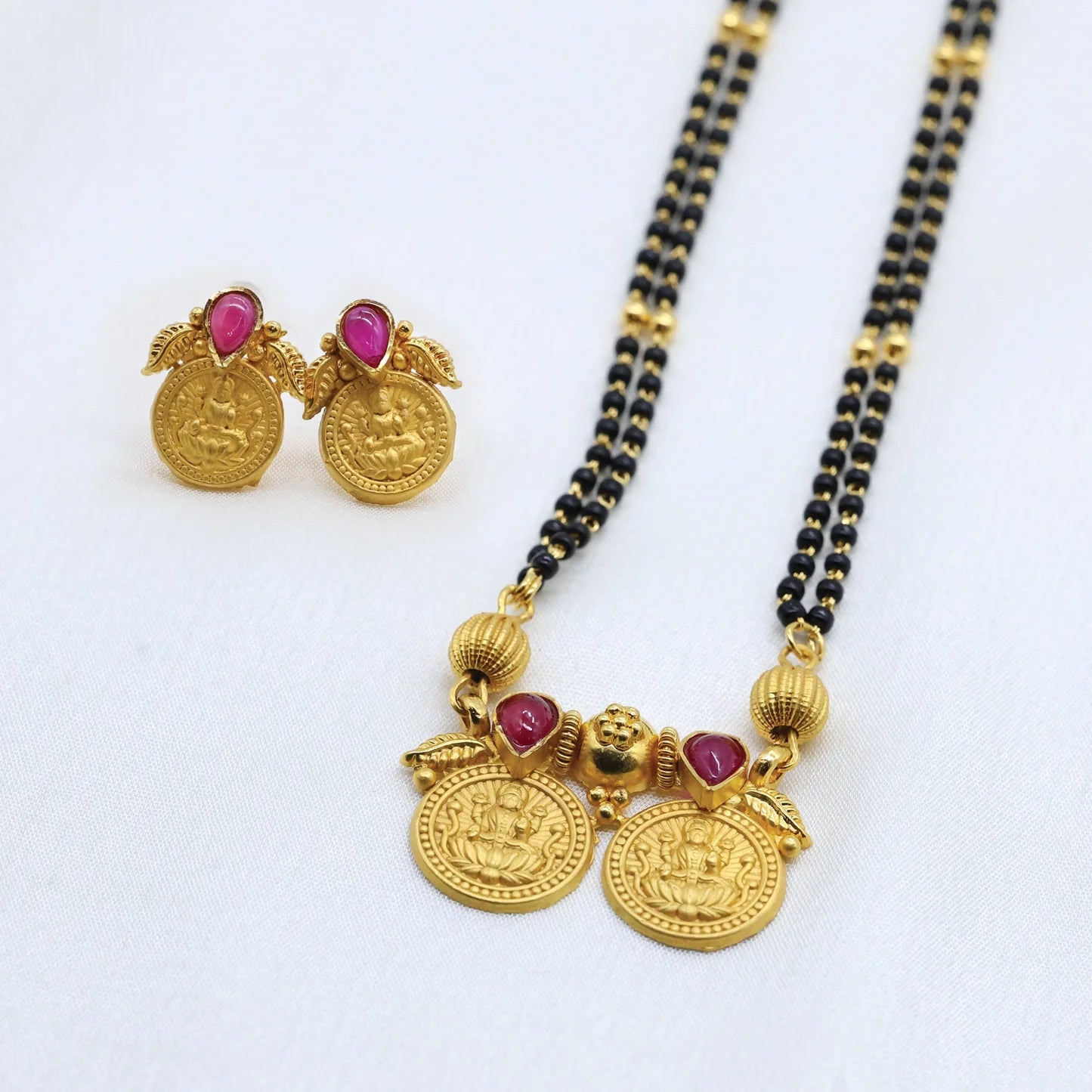 24Kt Gold Plated Antique Style Lakshmi Coin Mangalsutra With Stud Earings - Handa Bangles