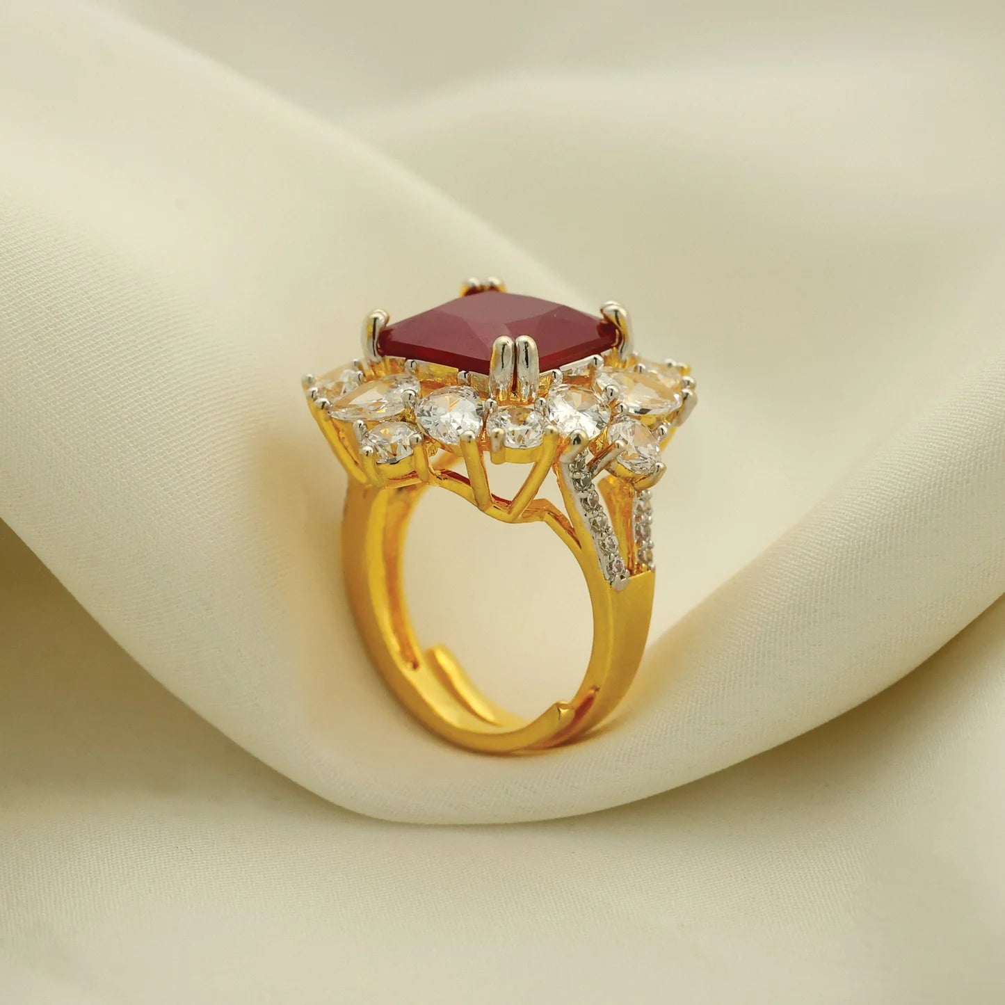 24kt Gold Plated Fashionable Ruby Cut Stone With American Diamond Ladies Ring - Handa Bangles