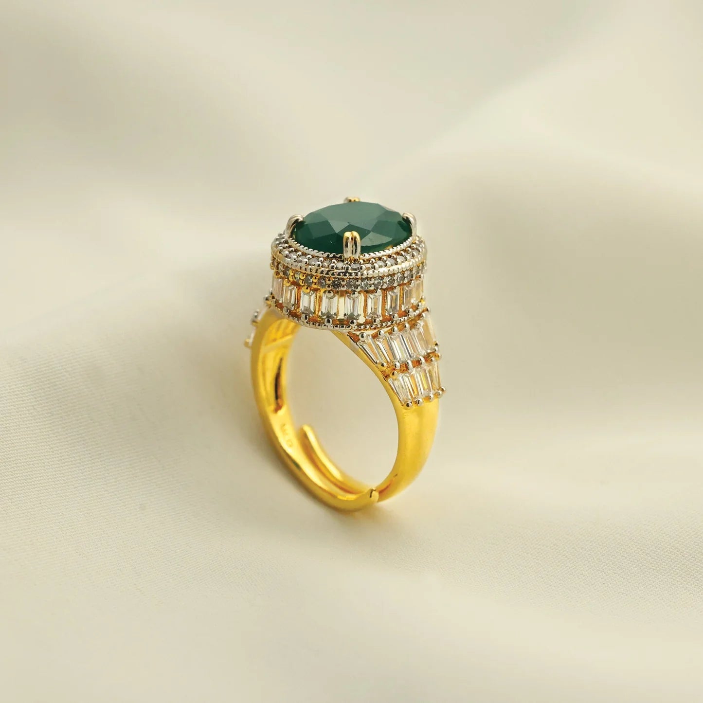 24kt Gold Plated Round Emerald With American Diamond Adjustable Ladies Ring - Handa Bangles