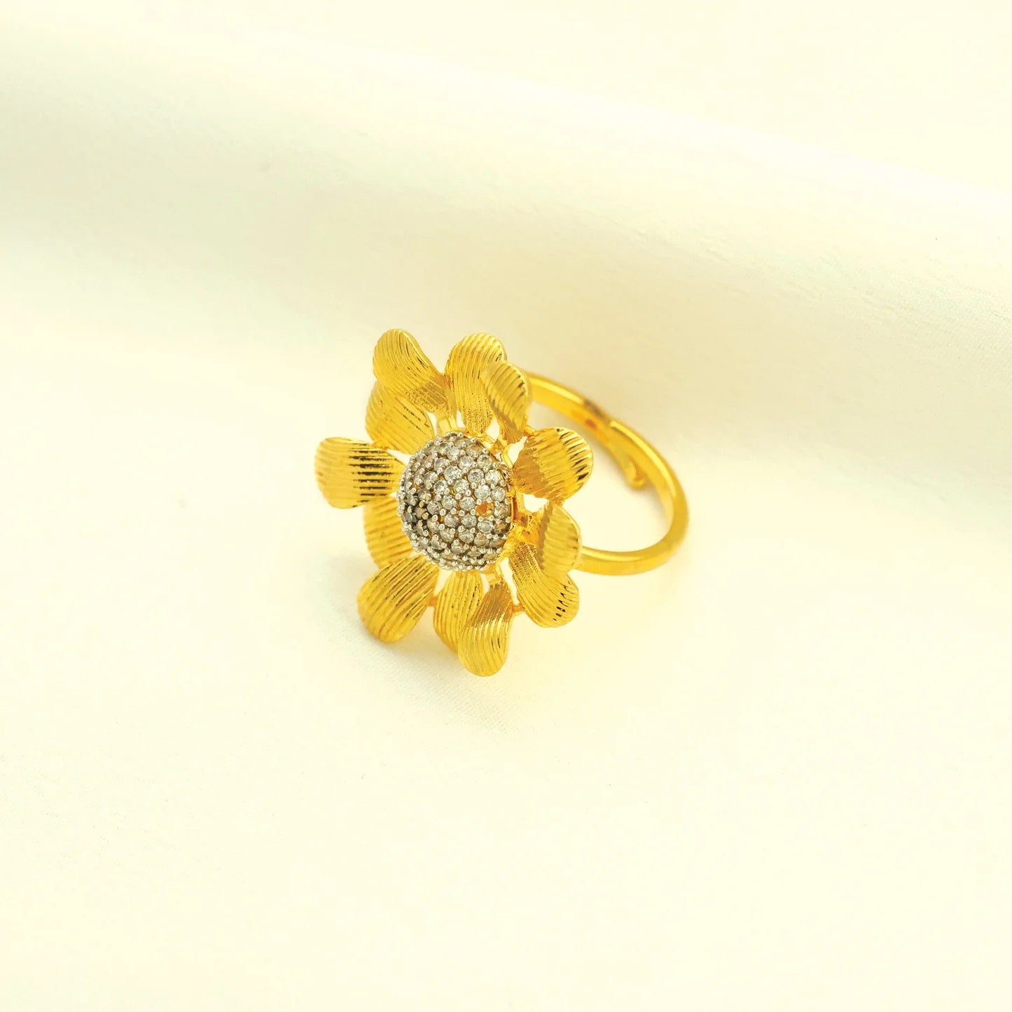 24kt Gold Plated American Diamond Floral Look Partywear Adjustable Ladies Ring - Handa Bangles