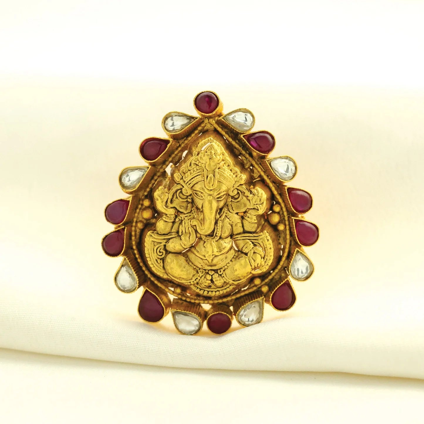 24kt Gold Plated Lord Ganesha Design With Kundan Adjustable Ladies Ring - Handa Bangles
