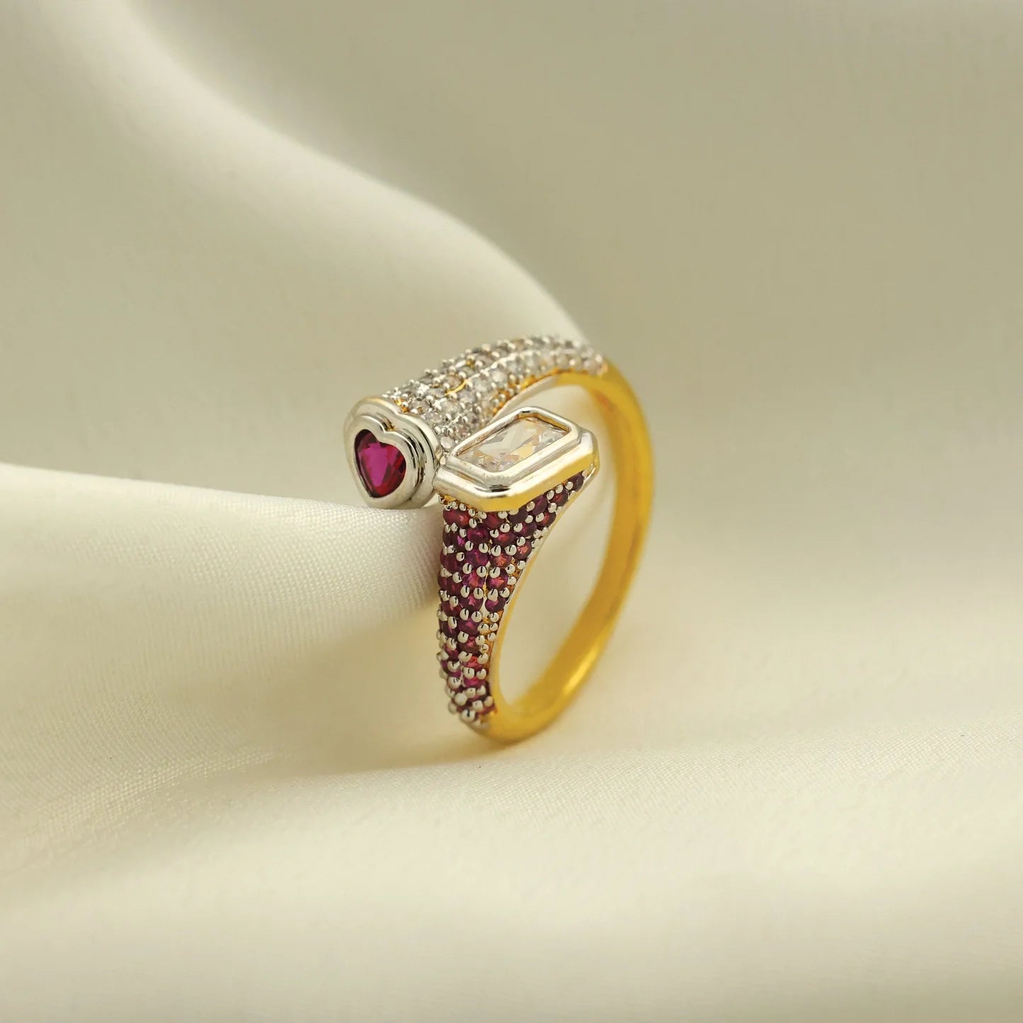 24kt Gold Plated Pink Sapphire & American Diamond Ladies Ring - Handa Bangles