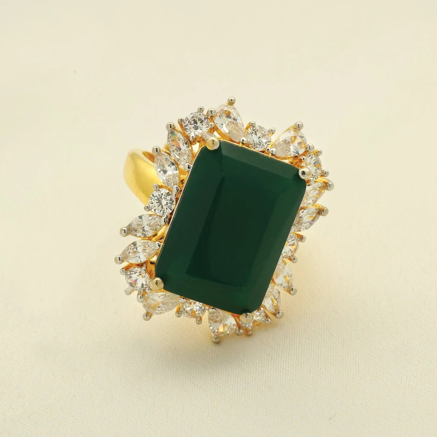 24kt Gold Plated Emerald With American Diamond Adjustable Ladies Ring - Handa Bangles