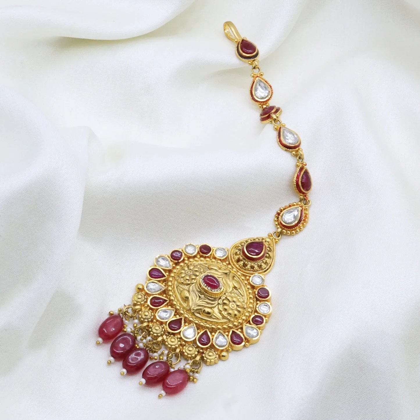 24Kt Gold Plated Bridal Look Maang Tikka With Silver-Maroon Kundan Work - Handa Bangles