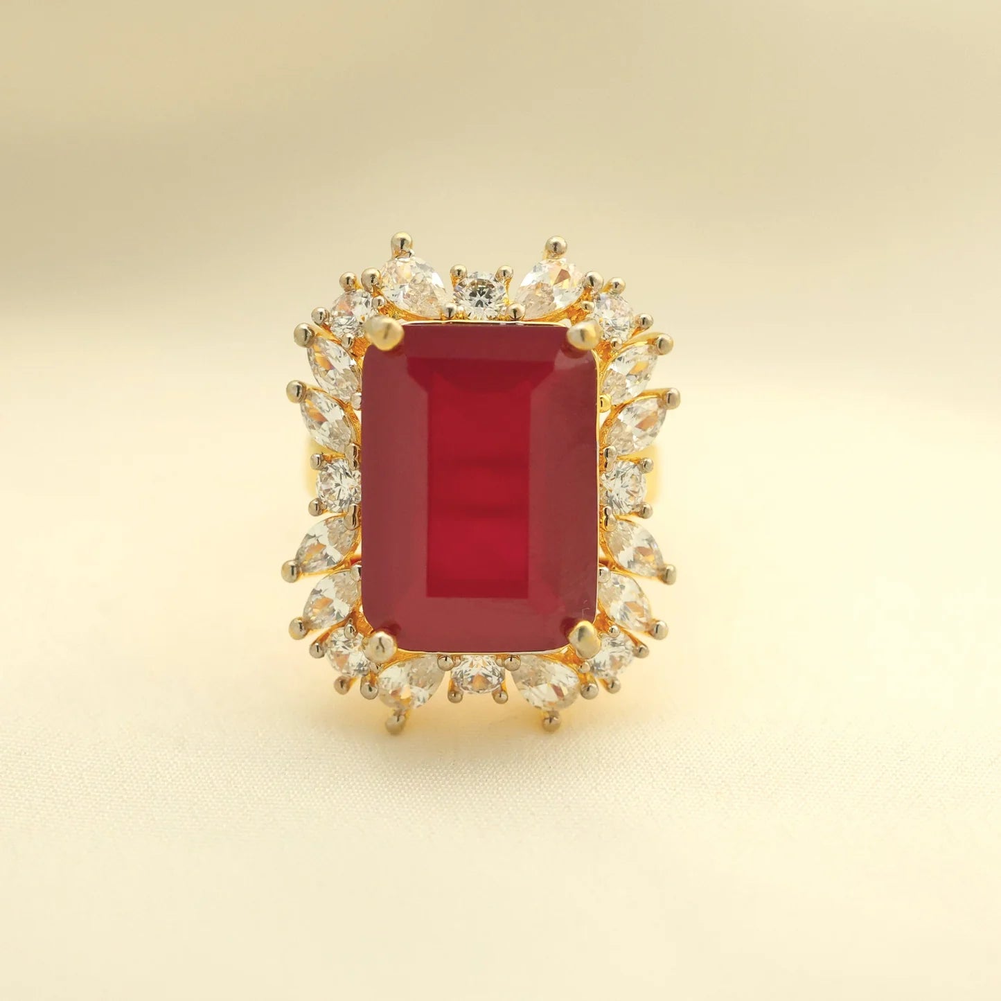 24kt Gold Plated Rectangle Ruby Adjustable Ladies Ring - Handa Bangles