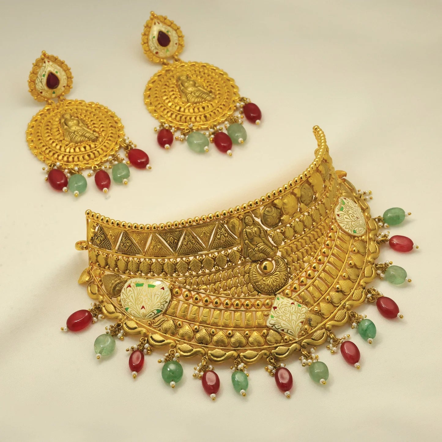 24kt Gold Plated Antique Bridal Choker Set With Earings - Handa Bangles