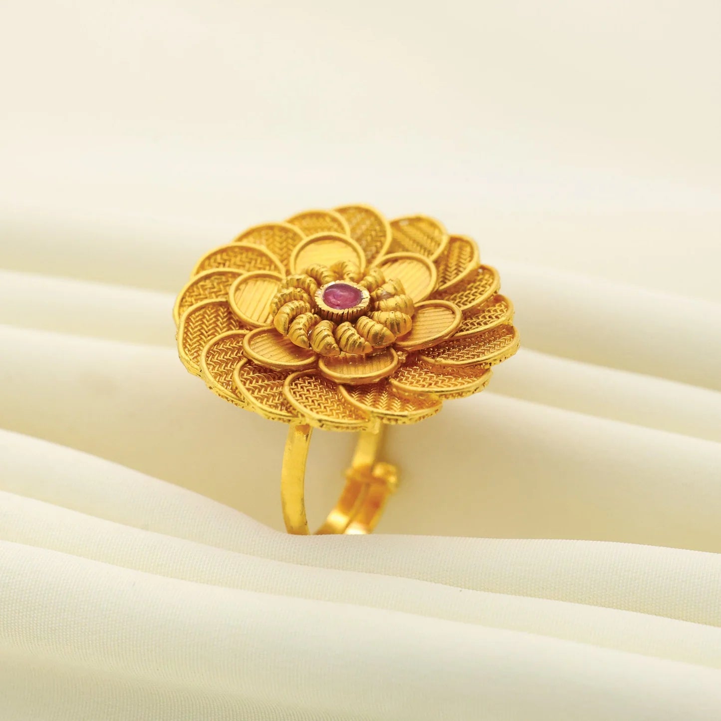 24kt Gold Plated Floral Style Cocktail Adjustable Ladies Ring - Handa Bangles