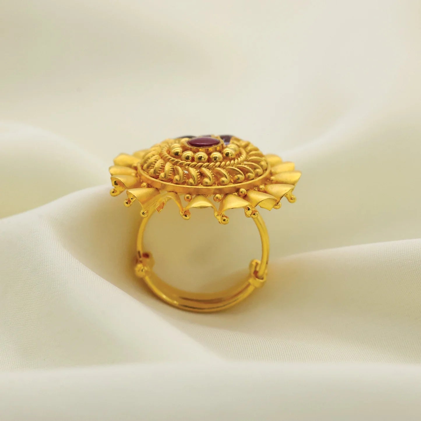 24kt Gold Plated Traditional Antique Look With Red Stone Adjustable Ladies Ring - Handa Bangles