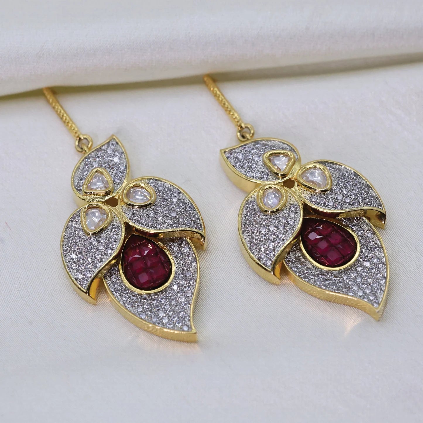 24Kt Gold Plated Ruby White Sparkling Flower Leaf Design Earring - Handa Bangles