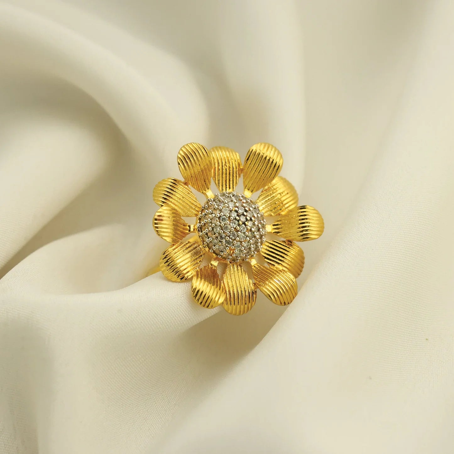 24kt Gold Plated American Diamond Floral Look Partywear Adjustable Ladies Ring - Handa Bangles