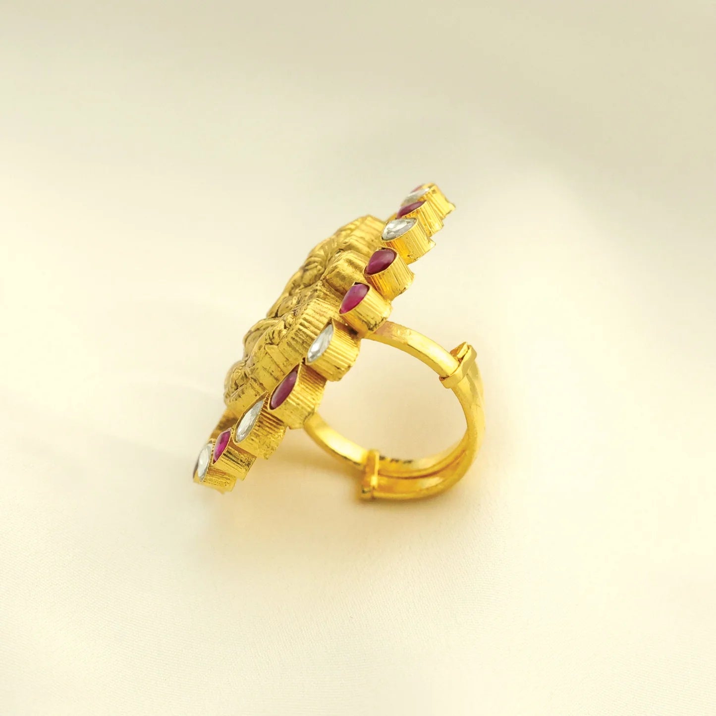 24kt Gold Plated Lord Ganesha Design With Kundan Adjustable Ladies Ring - Handa Bangles