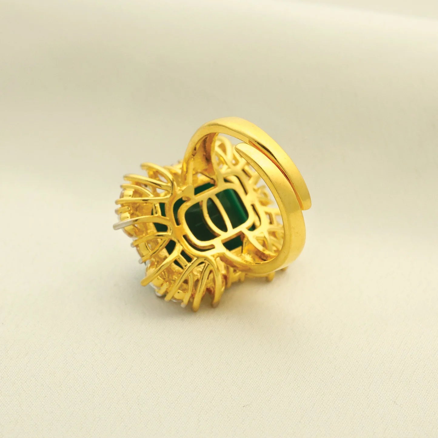 24kt Gold Plated Emerald With American Diamond Adjustable Ladies Ring - Handa Bangles