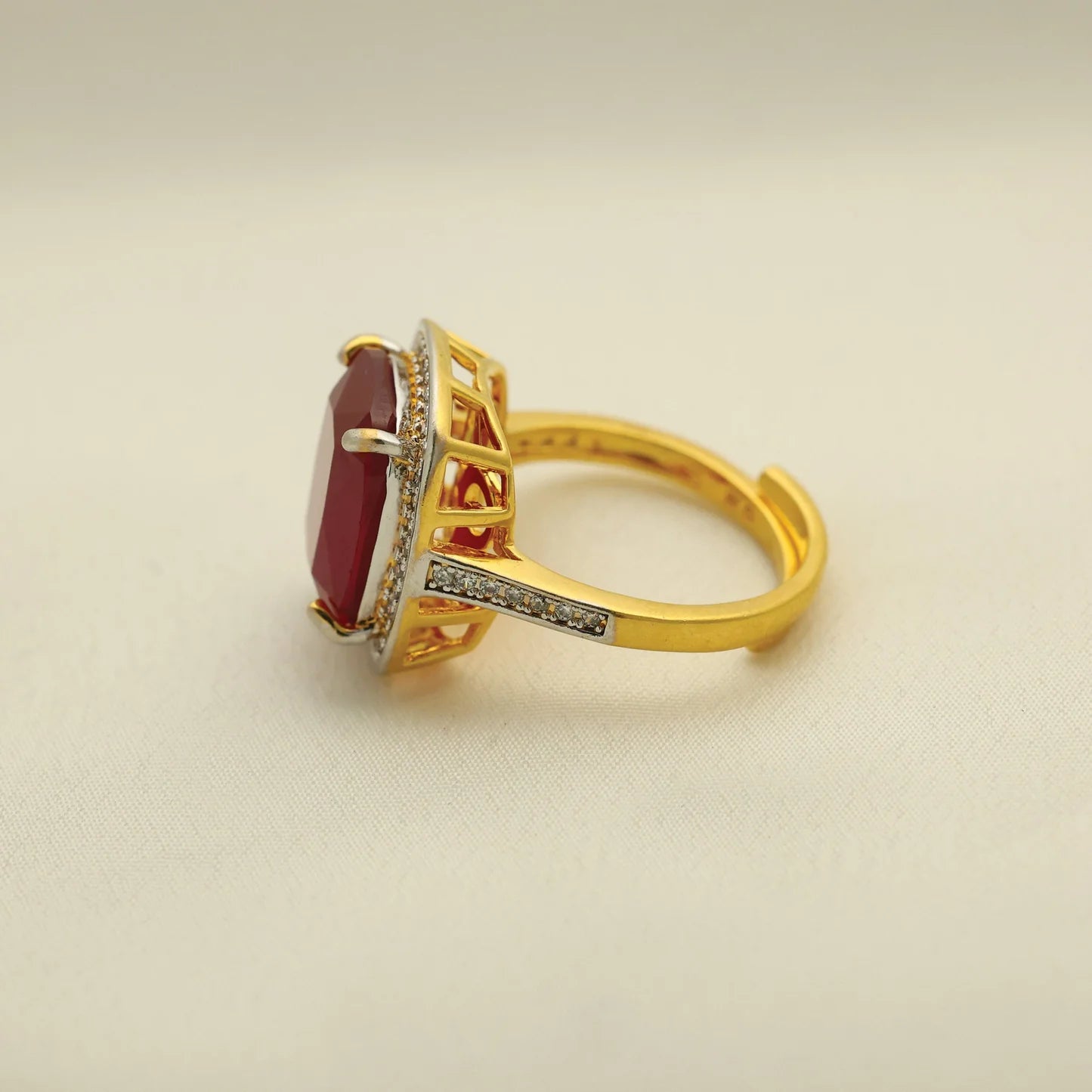 24kt Gold Plated Diamond Look Ruby Adjustable Ladies Ring - Handa Bangles