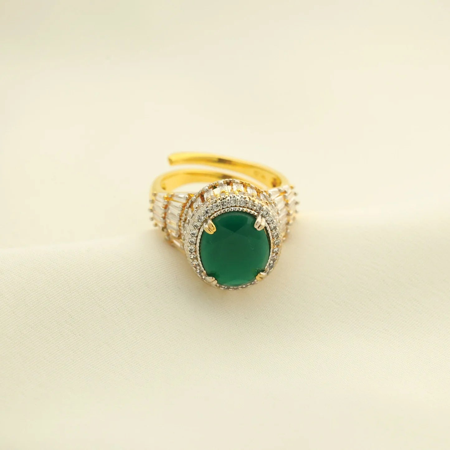 24kt Gold Plated Round Emerald With American Diamond Adjustable Ladies Ring - Handa Bangles