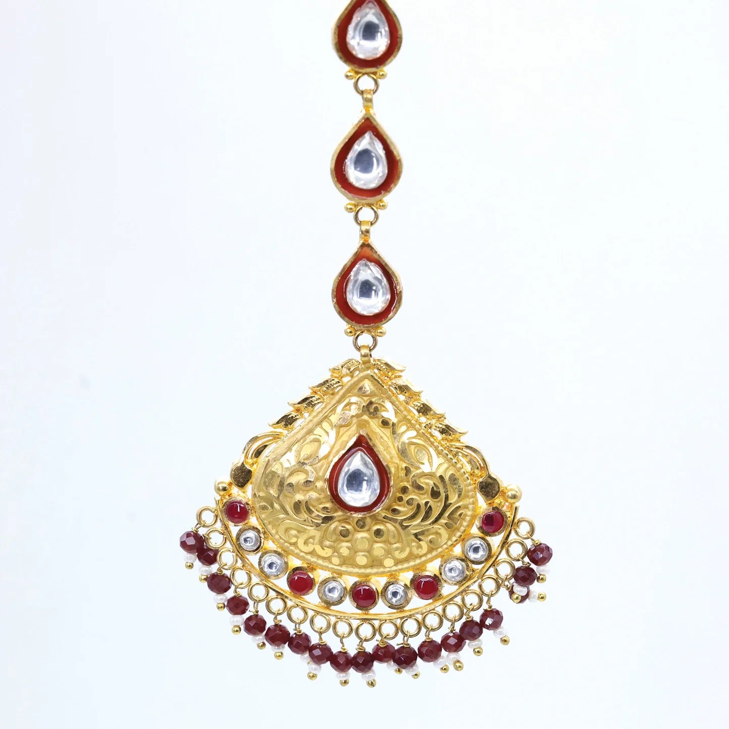 24Kt Gold Plated Bridal Look Maang Tika With Silver-Maroon  Kundan Work - Handa Bangles