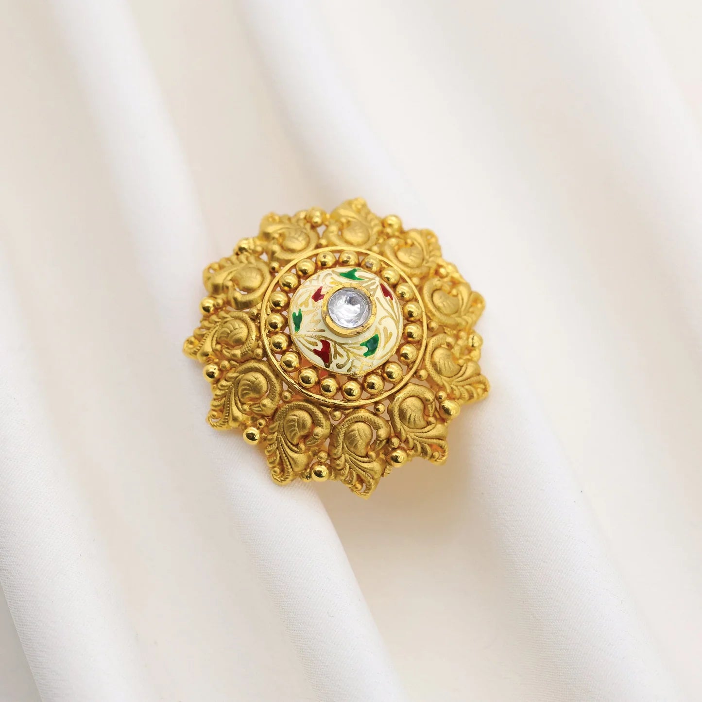 24kt Gold Plated Cocktail Unique Design With White Stone & Meena Work Adjustable Ladies Ring - Handa Bangles