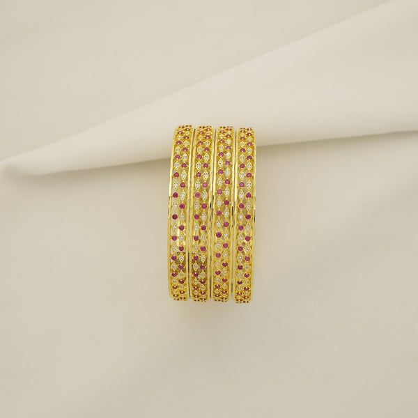 24Kt Gold Plated Ruby Jarkan Stone Studded Bangles Set (4 Pcs) for Women | Premium HM Finish Golden Bangles