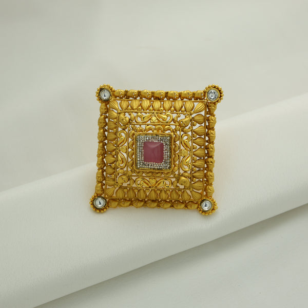 24Kt Gold Plated Antique Square Pink Stone Designer Ladies Ring