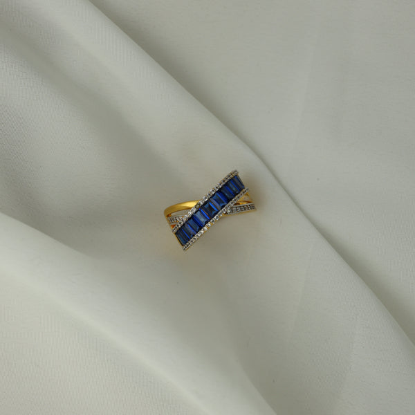 24Kt Gold Plated Blue Stone American Diamond Designer Ladies Ring