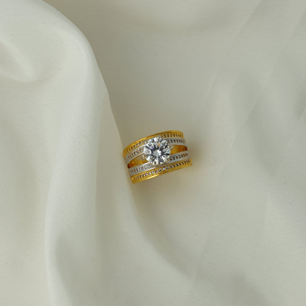 24Kt Gold Plated American Diamond Wide Band Solitaire Ladies Ring