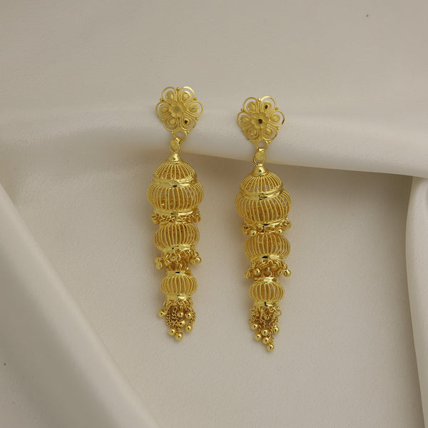 24Kt Gold Plated Floral Designer Long Jhumka Earrings for Women | Traditional Golden Ladies Dangle Earrings