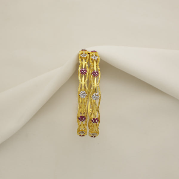 24Kt Gold Plated Ruby Jarkan Floral Designer Bangles Set (2 Pcs) for Women | Premium HM Finish Golden Bangles