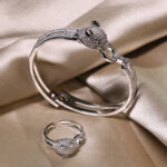 Silver Polish Leopard Style Adjustable Bracelet & Ring Set